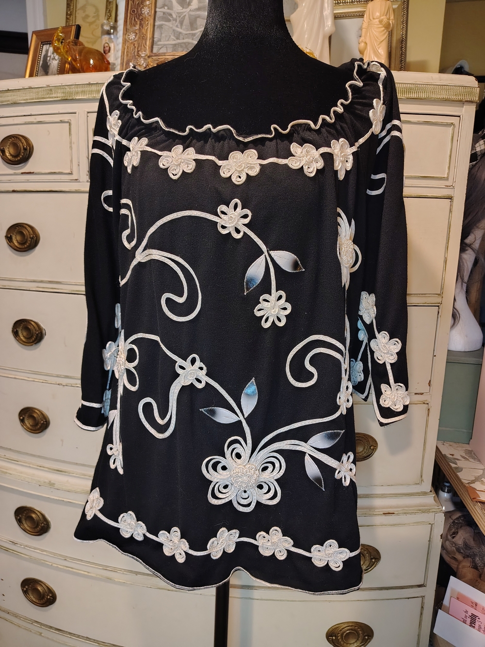 Black Embroidered Floral Off Shoulder Peasant Blouse